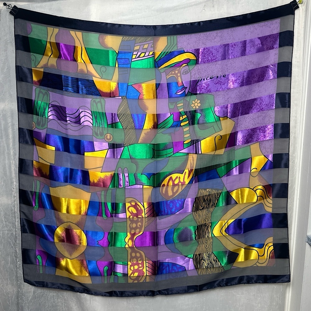 Vintage Picasso Multi Colored Cubist‎ Abstract Artsy Silk Scarf Wrap Tapestry - Picture 10 of 14